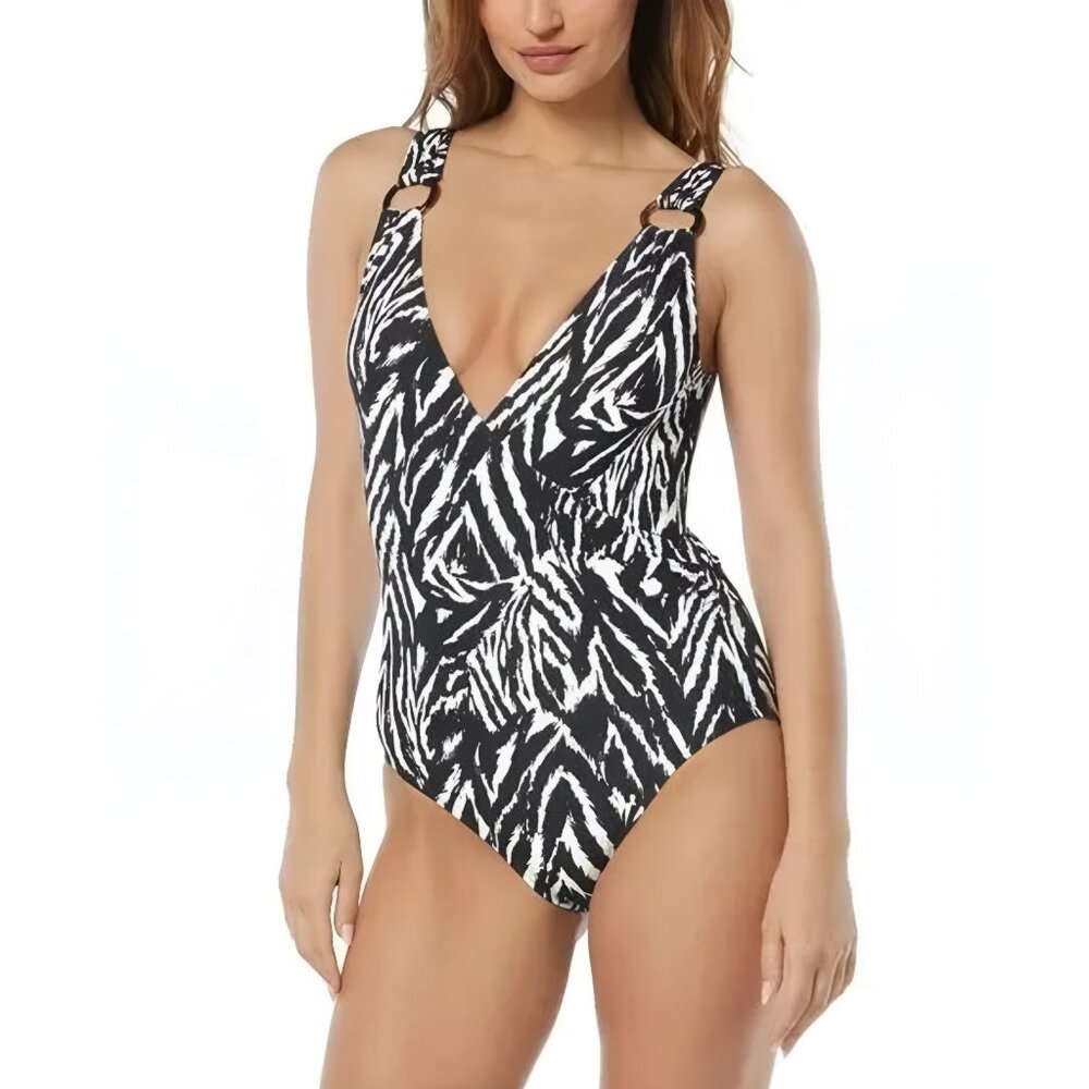 Carmen Marc Valvo V-Neck One Piece Swimsuit Resort Zebra NWT Size 12